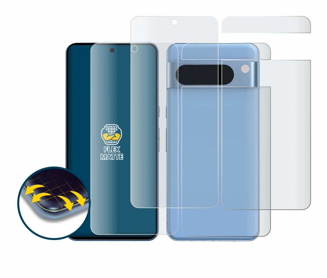 Abbildung des Geräts Google Pixel 8 Pro (Display+Rückseite) mit einer Vielzahl des Displayschutzes.