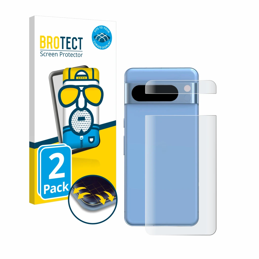 Vorderseite einer Produktverpackung mit dem Markenlogo BROTECT. Daneben ist das Gerät Google Pixel 8 Pro (Rückseite) mit dem z