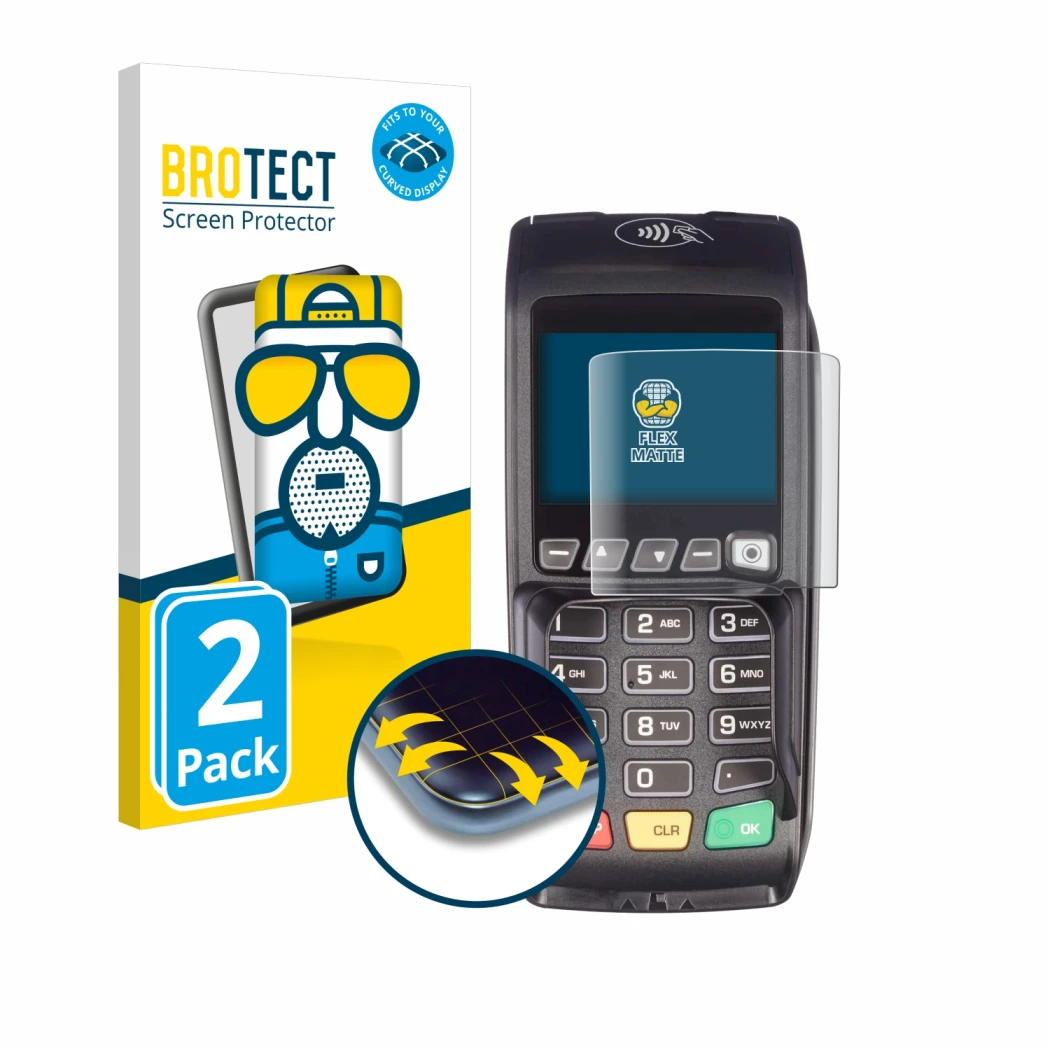 Vorderseite einer Produktverpackung mit dem Markenlogo BROTECT. Daneben ist das Gerät ingenico Desk/3500 mit dem zugehörigen D