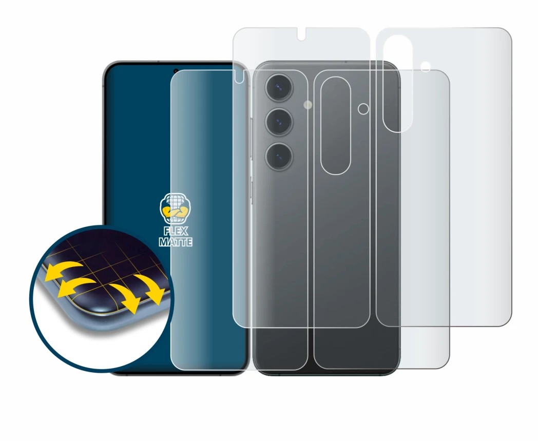 Abbildung des Geräts Samsung Galaxy S24 (Display+Rückseite) mit einer Vielzahl des Displayschutzes.