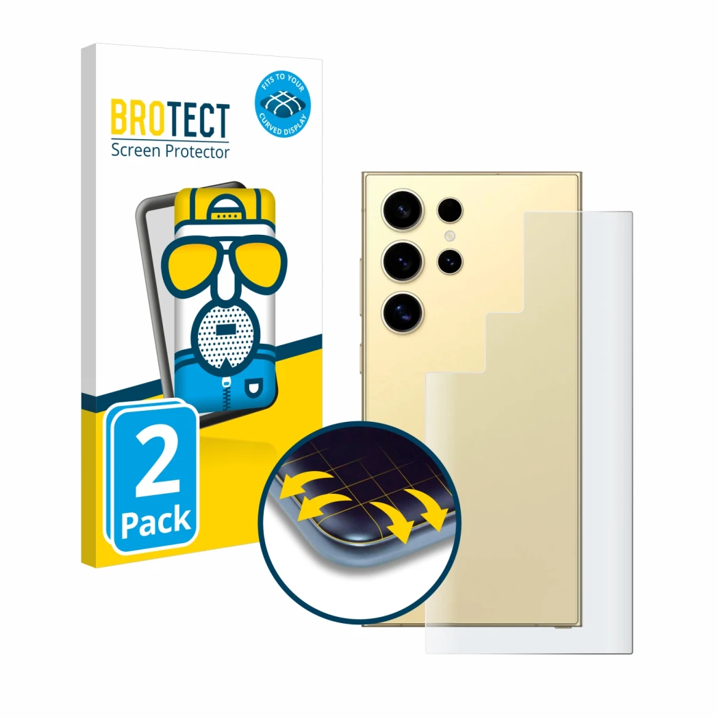 Vorderseite einer Produktverpackung mit dem Markenlogo BROTECT. Daneben ist das Gerät Samsung Galaxy S24 Ultra (Rückseite) mit