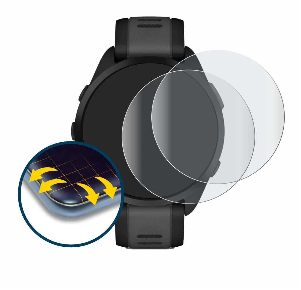 Abbildung des Geräts Garmin Forerunner 165 mit einer Vielzahl des Displayschutzes.