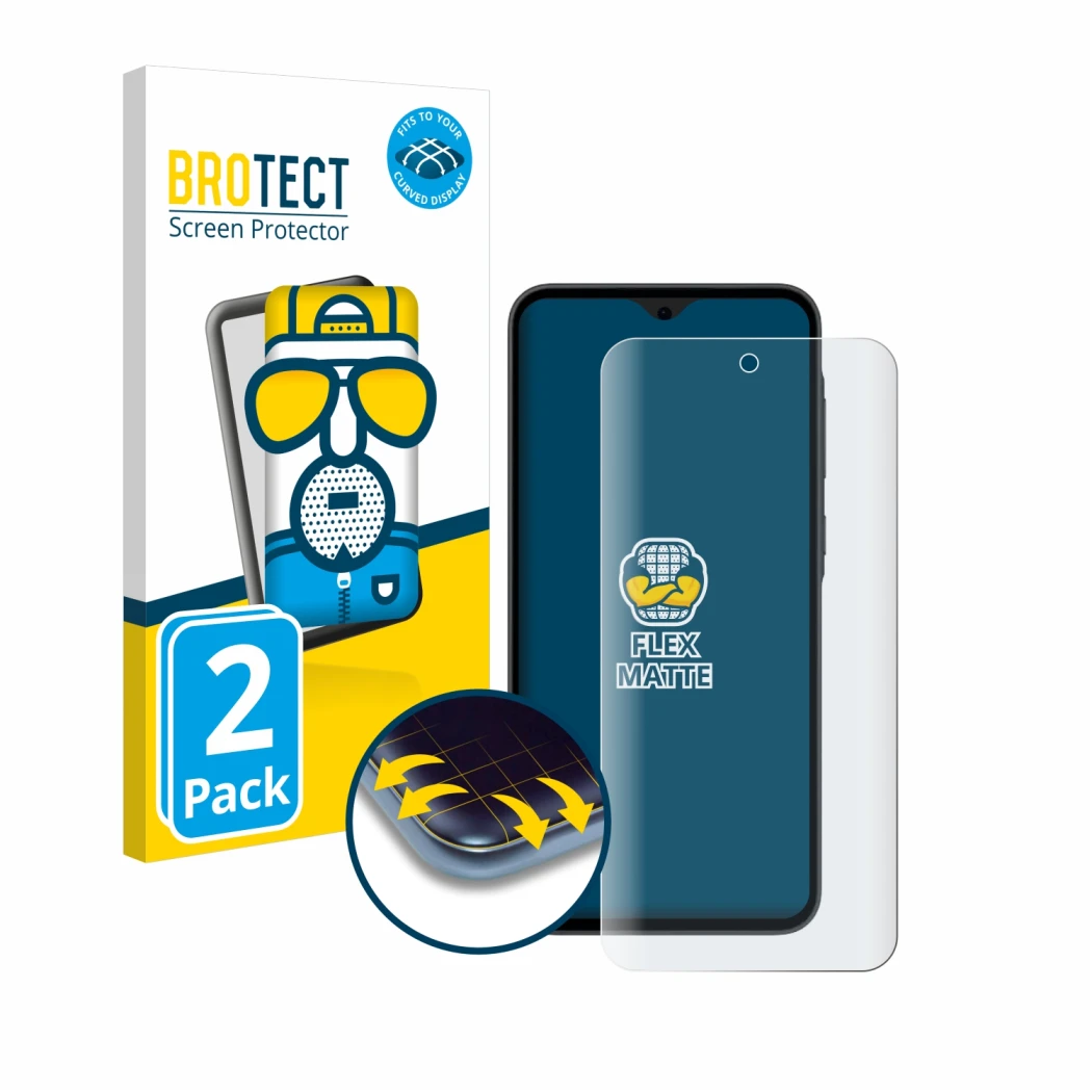 Vorderseite einer Produktverpackung mit dem Markenlogo BROTECT. Daneben ist das Gerät Samsung Galaxy A35 5G mit dem zugehörige