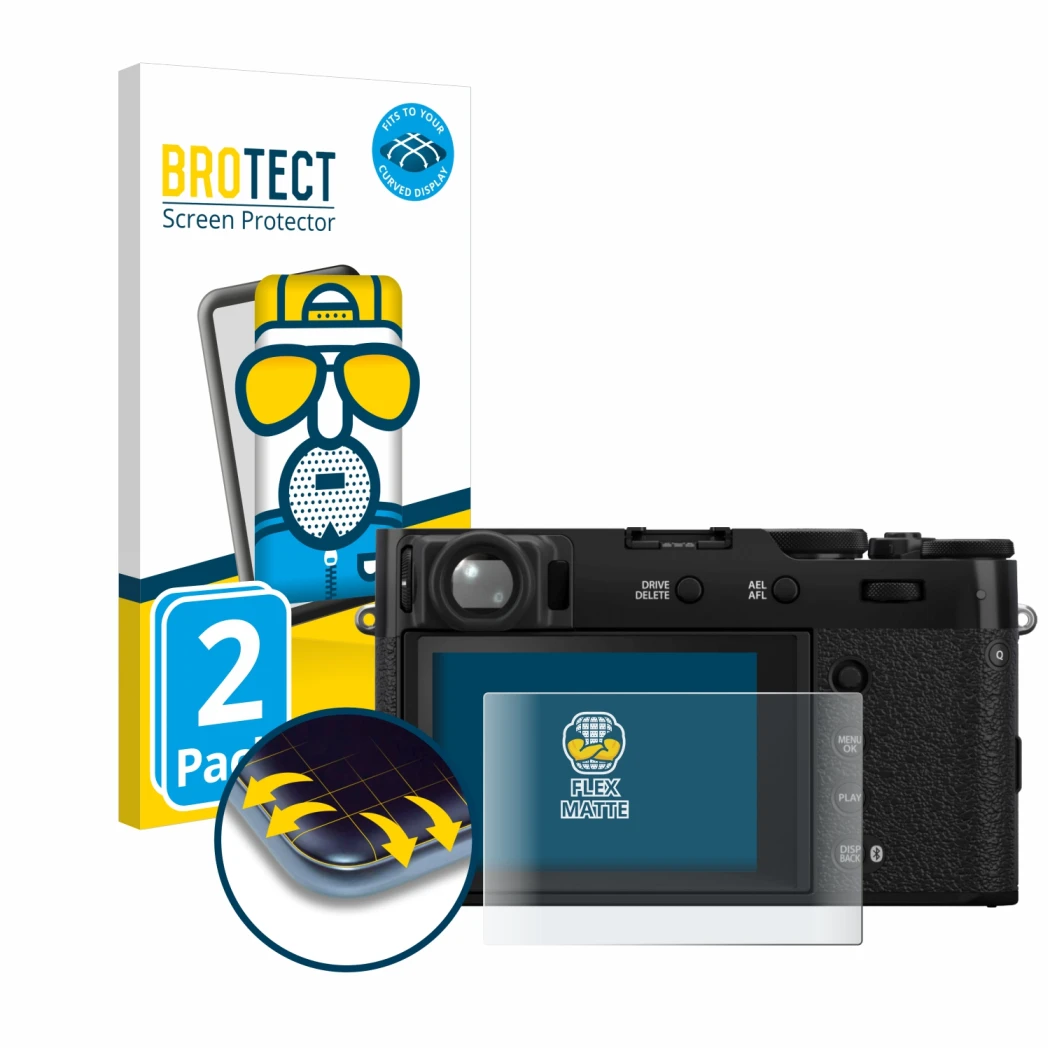 Vorderseite einer Produktverpackung mit dem Markenlogo BROTECT. Daneben ist das Gerät Fujifilm X100VI mit dem zugehörigen Disp