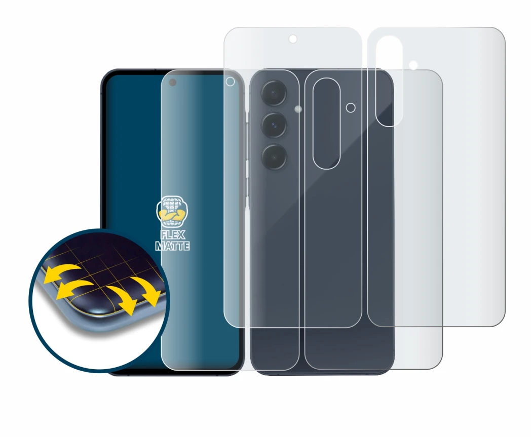 Abbildung des Geräts Samsung Galaxy A35 5G (Display+Rückseite) mit einer Vielzahl des Displayschutzes.