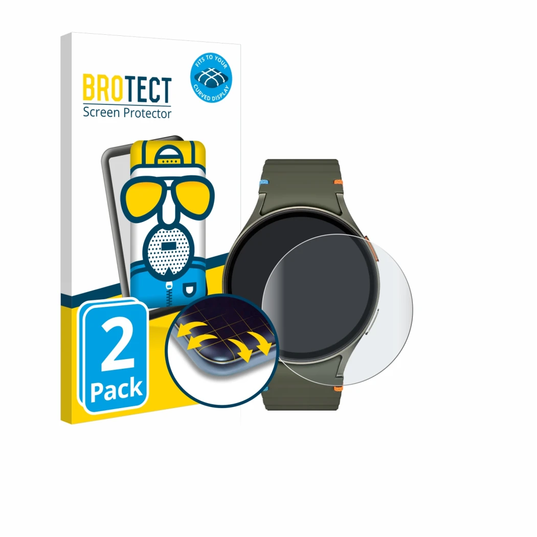 Vorderseite einer Produktverpackung mit dem Markenlogo BROTECT. Daneben ist das Gerät Samsung Galaxy Watch 7 (44 mm) mit dem z
