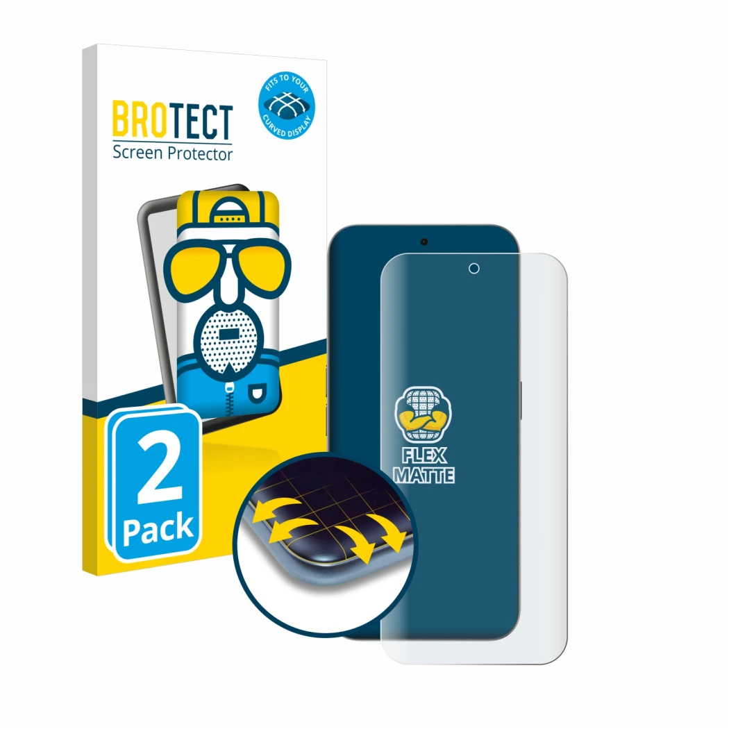 Vorderseite einer Produktverpackung mit dem Markenlogo BROTECT. Daneben ist das Gerät Nothing Phone (2a) Plus mit dem zugehöri