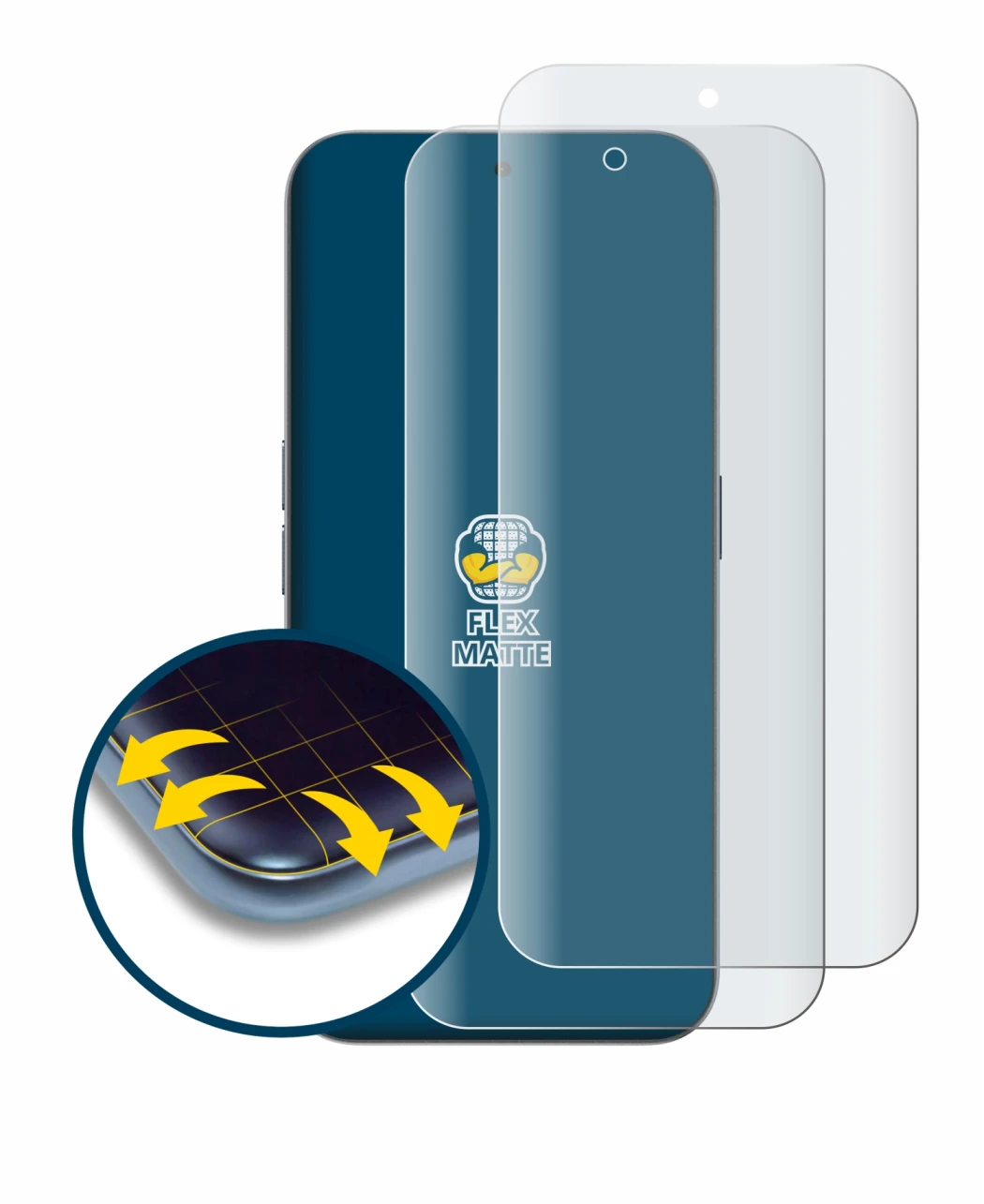 Abbildung des Geräts Nothing Phone (2a) Plus mit einer Vielzahl des Displayschutzes.