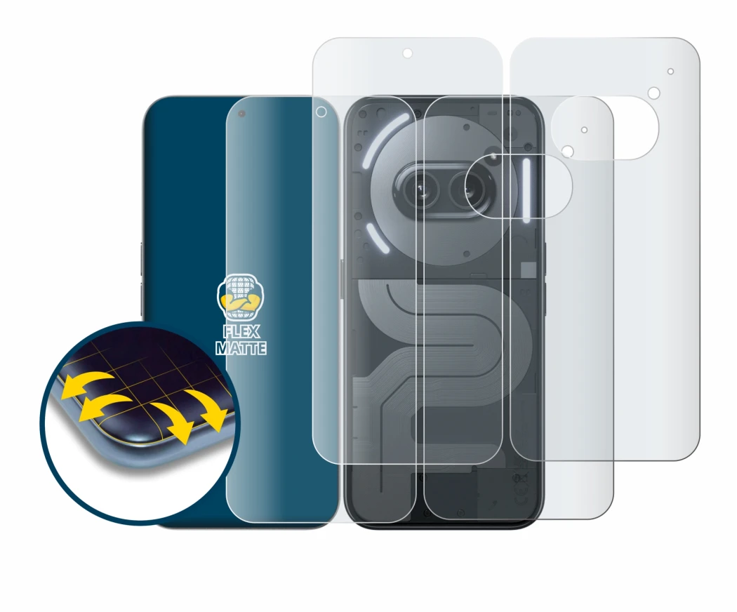 Abbildung des Geräts Nothing Phone (2a) Plus (Display+Rückseite) mit einer Vielzahl des Displayschutzes.