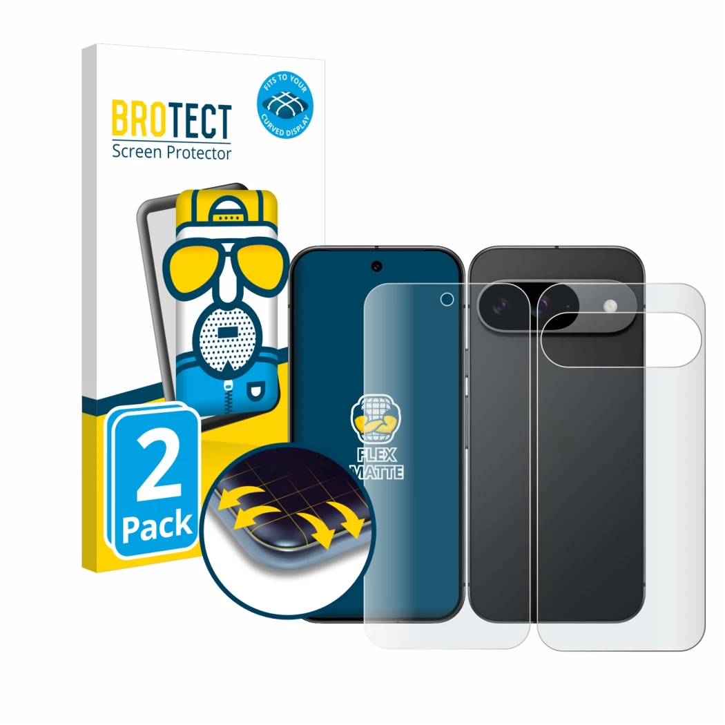 Vorderseite einer Produktverpackung mit dem Markenlogo BROTECT. Daneben ist das Gerät Google Pixel 9 (Display+Rückseite) mit d