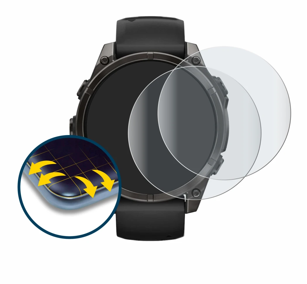 Abbildung des Geräts Garmin Fenix 8 AMOLED (47 mm) mit einer Vielzahl des Displayschutzes.