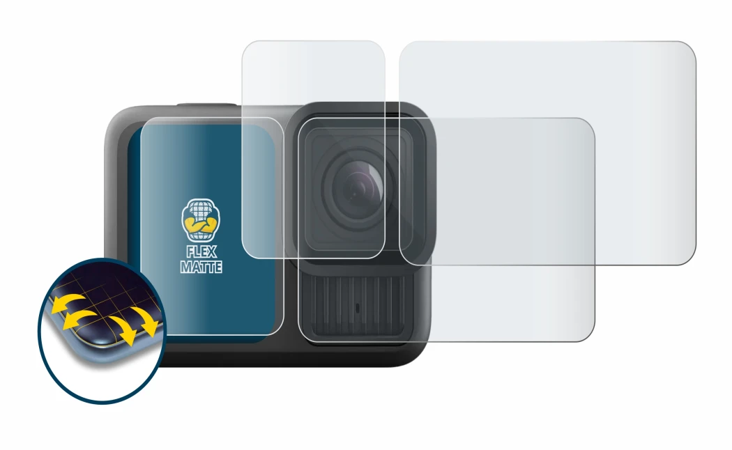 Abbildung des Geräts GoPro Hero 13 Black mit einer Vielzahl des Displayschutzes.