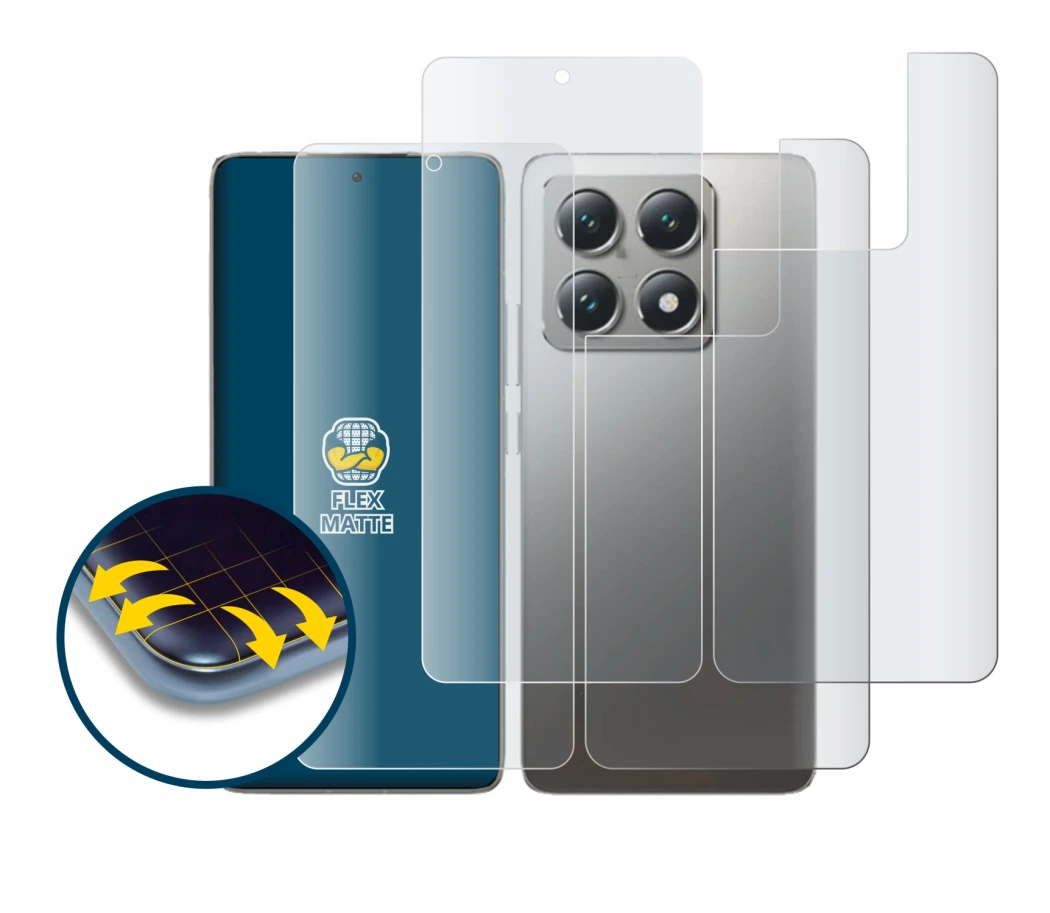 Abbildung des Geräts Xiaomi 14T Pro (Display+Rückseite) mit einer Vielzahl des Displayschutzes.