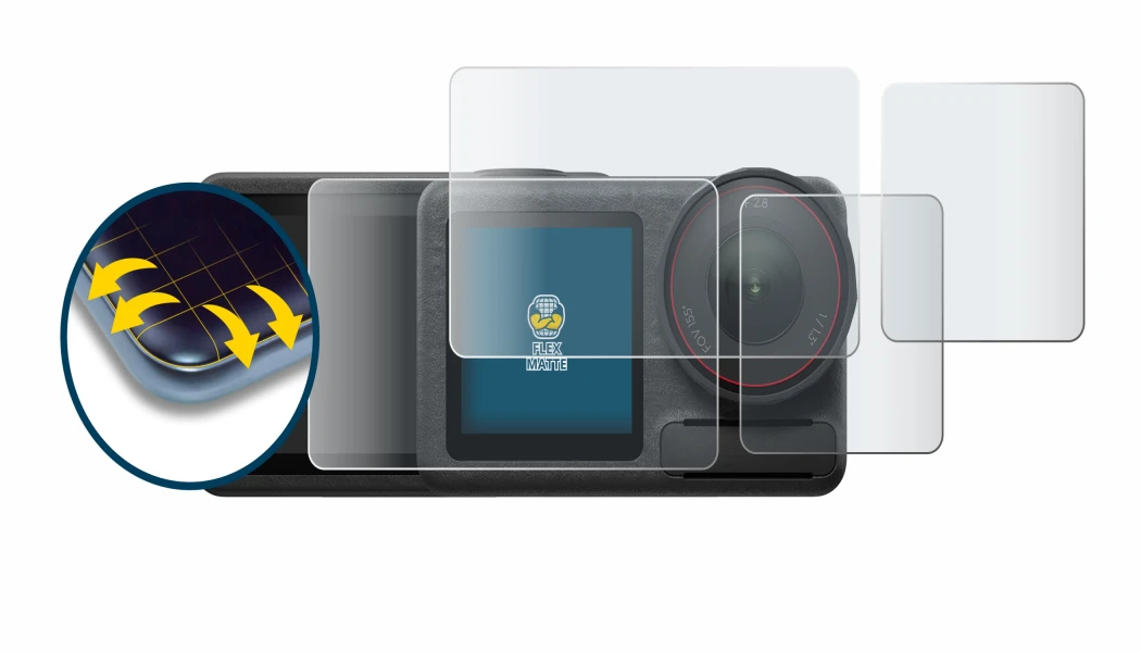 Abbildung des Geräts DJI Osmo Action 5 Pro mit einer Vielzahl des Displayschutzes.