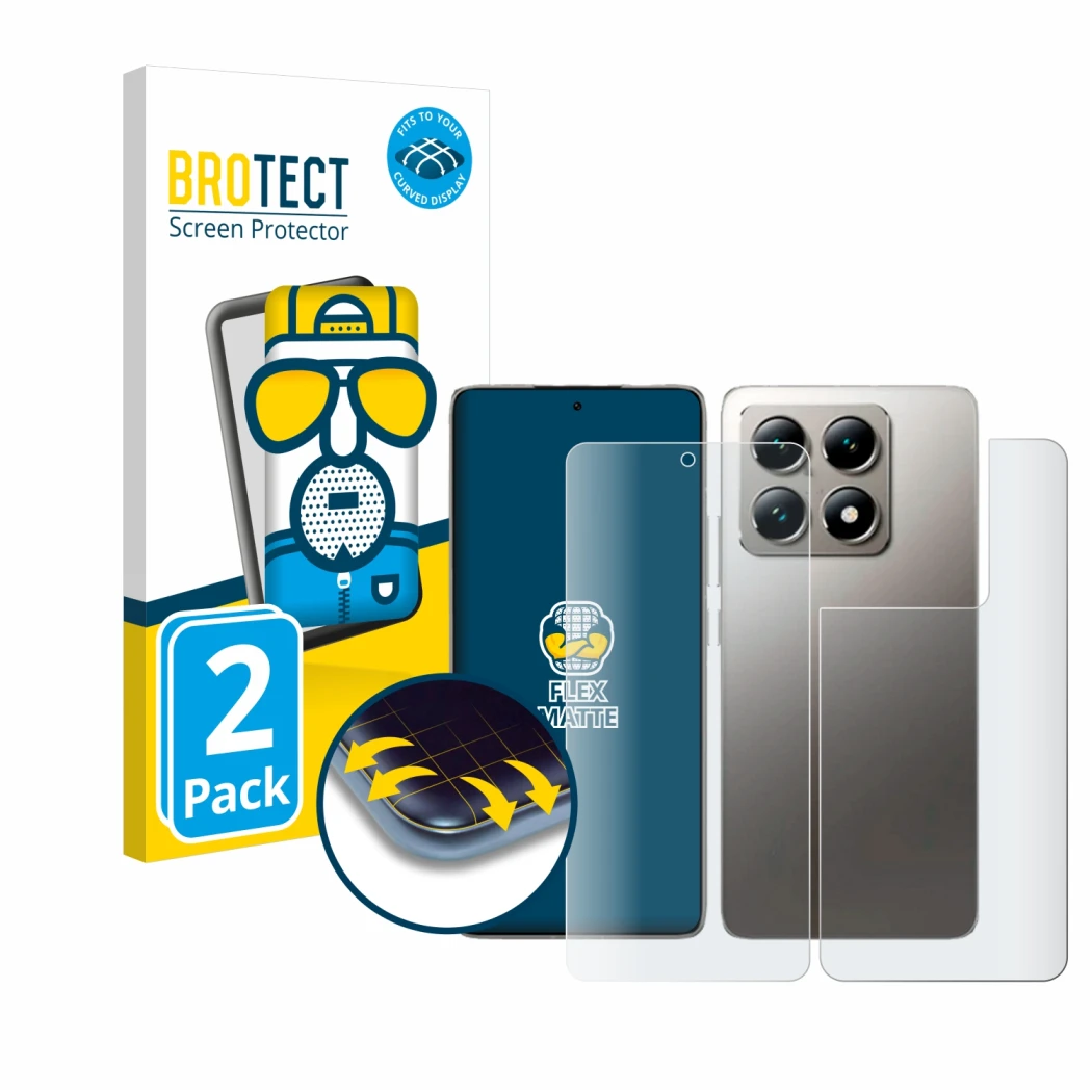 Vorderseite einer Produktverpackung mit dem Markenlogo BROTECT. Daneben ist das Gerät Xiaomi 14T (Display+Rückseite) mit dem z