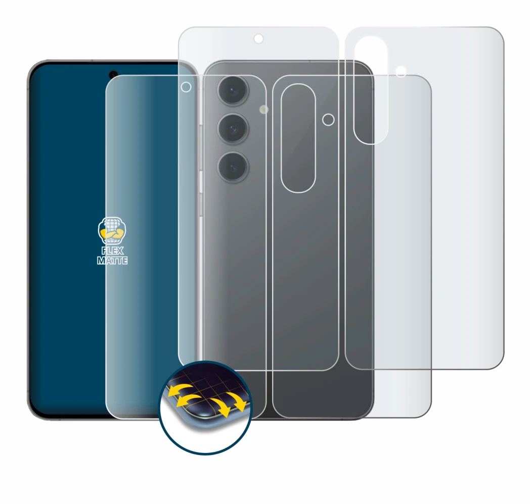 Abbildung des Geräts Samsung Galaxy S24 FE (Display+Rückseite) mit einer Vielzahl des Displayschutzes.
