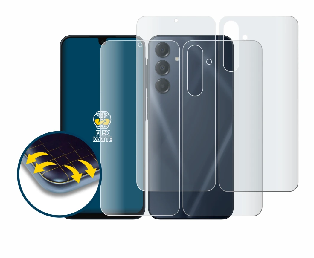 Abbildung des Geräts Samsung Galaxy A16 5G (Display+Rückseite) mit einer Vielzahl des Displayschutzes.