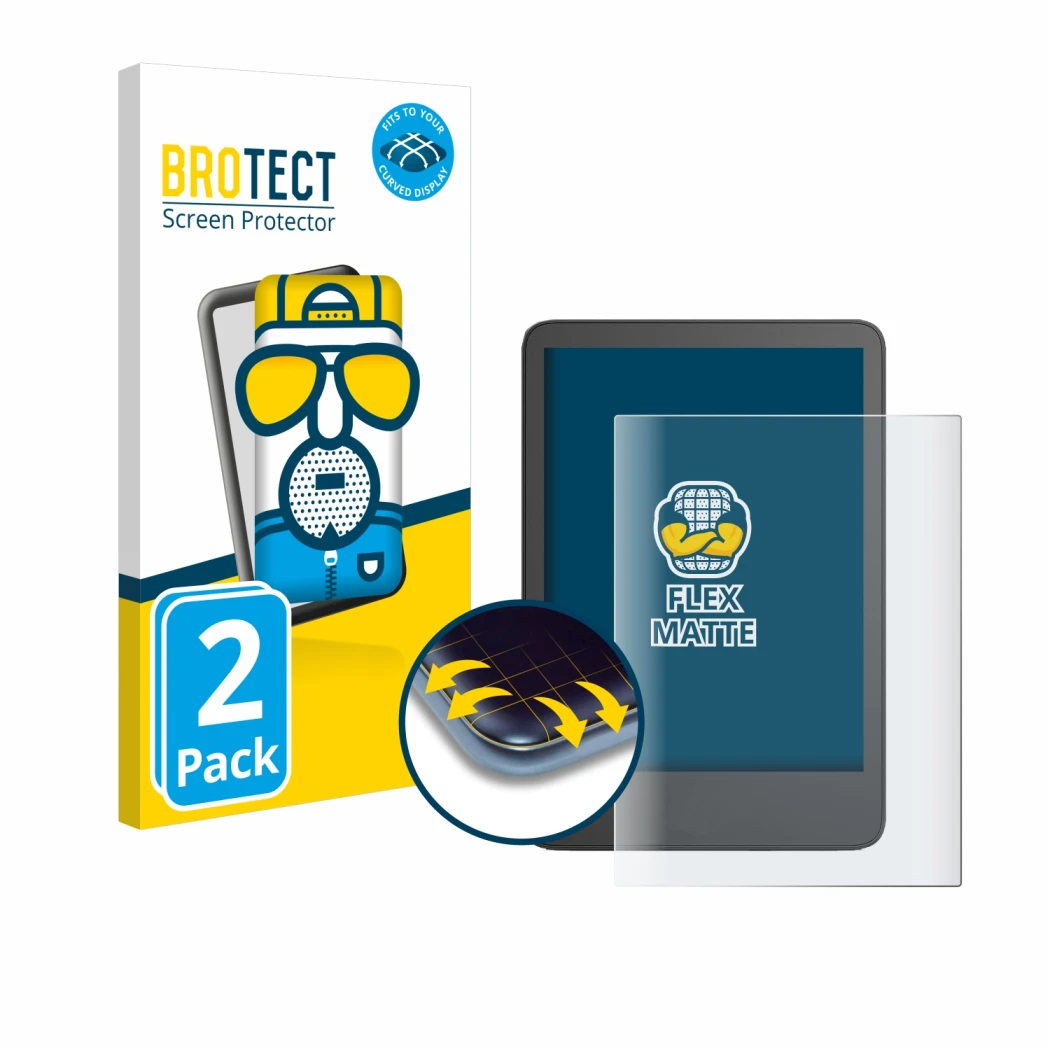 Vorderseite einer Produktverpackung mit dem Markenlogo BROTECT. Daneben ist das Gerät Amazon Kindle 2024 mit dem zugehörigen D