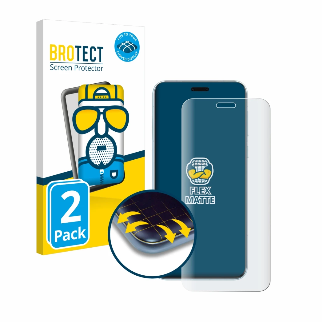 Vorderseite einer Produktverpackung mit dem Markenlogo BROTECT. Daneben ist das Gerät Honor Magic 7 Pro mit dem zugehörigen Di