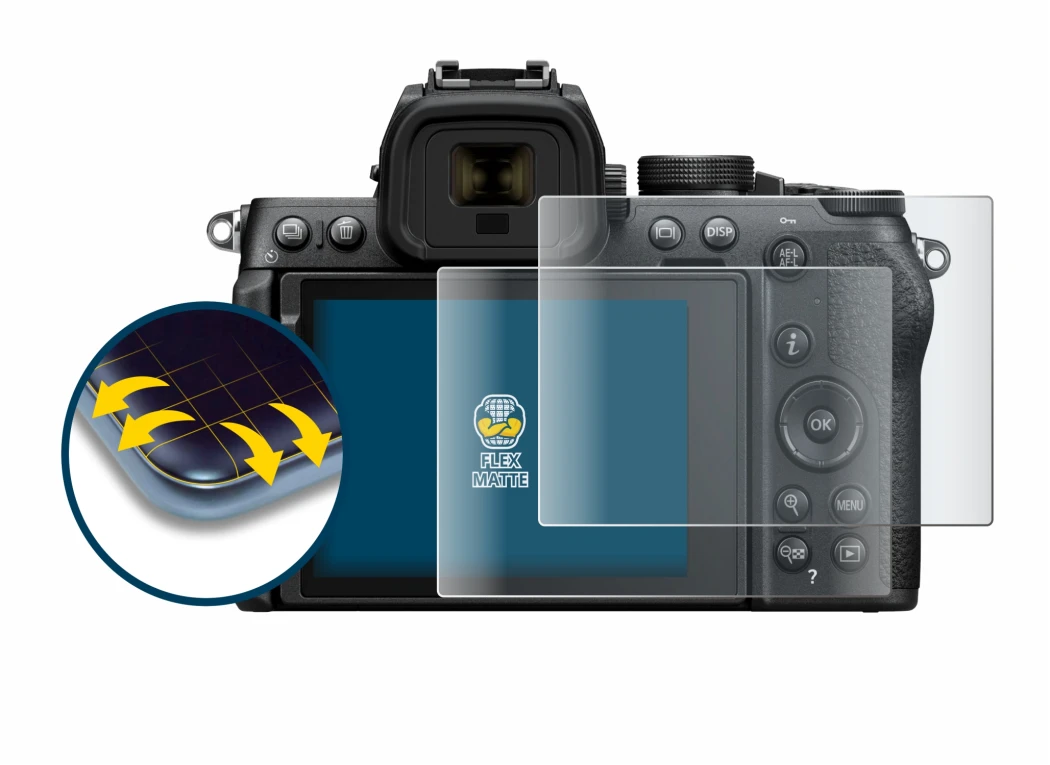 Abbildung des Geräts Nikon Z50 II mit einer Vielzahl des Displayschutzes.