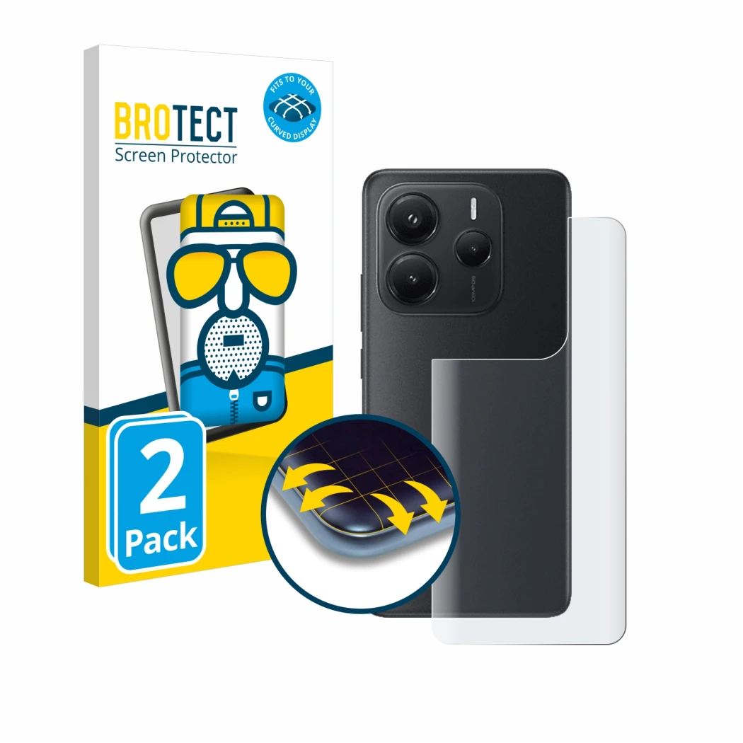 Vorderseite einer Produktverpackung mit dem Markenlogo BROTECT. Daneben ist das Gerät Xiaomi Redmi Note 14 (Rückseite) mit dem