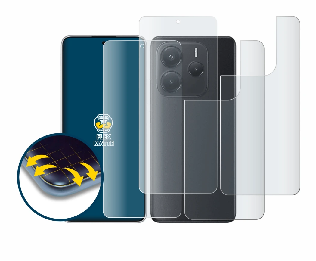 Abbildung des Geräts Xiaomi Redmi Note 14 (Display+Rückseite) mit einer Vielzahl des Displayschutzes.