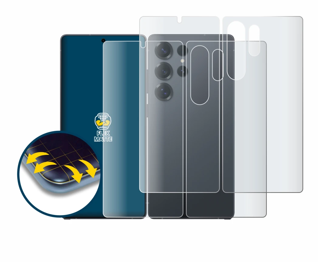 Abbildung des Geräts Samsung Galaxy S25 Ultra (Display+Rückseite) mit einer Vielzahl des Displayschutzes.