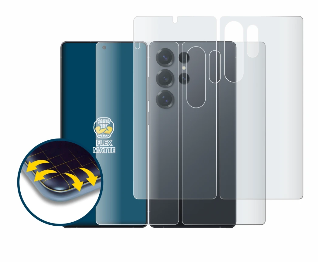 Abbildung des Geräts Samsung Galaxy S25 Ultra Enterprise Edition (Display+Rückseite) mit einer Vielzahl des Displayschutzes.