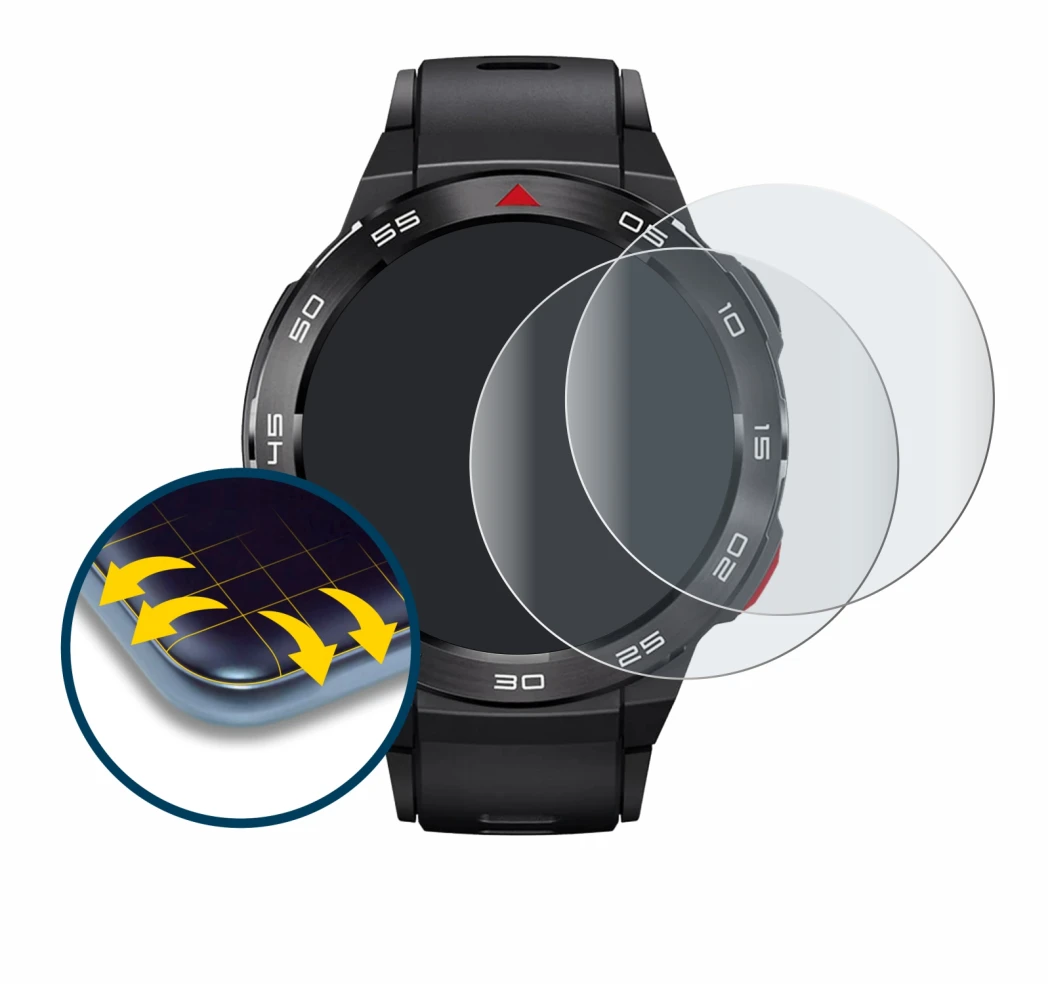 Abbildung des Geräts Xiaomi Mibro GS Pro mit einer Vielzahl des Displayschutzes.