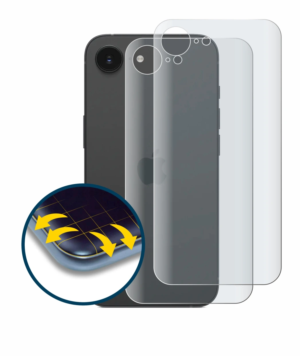 Abbildung des Geräts Apple iPhone 16e (Rückseite) mit einer Vielzahl des Displayschutzes.