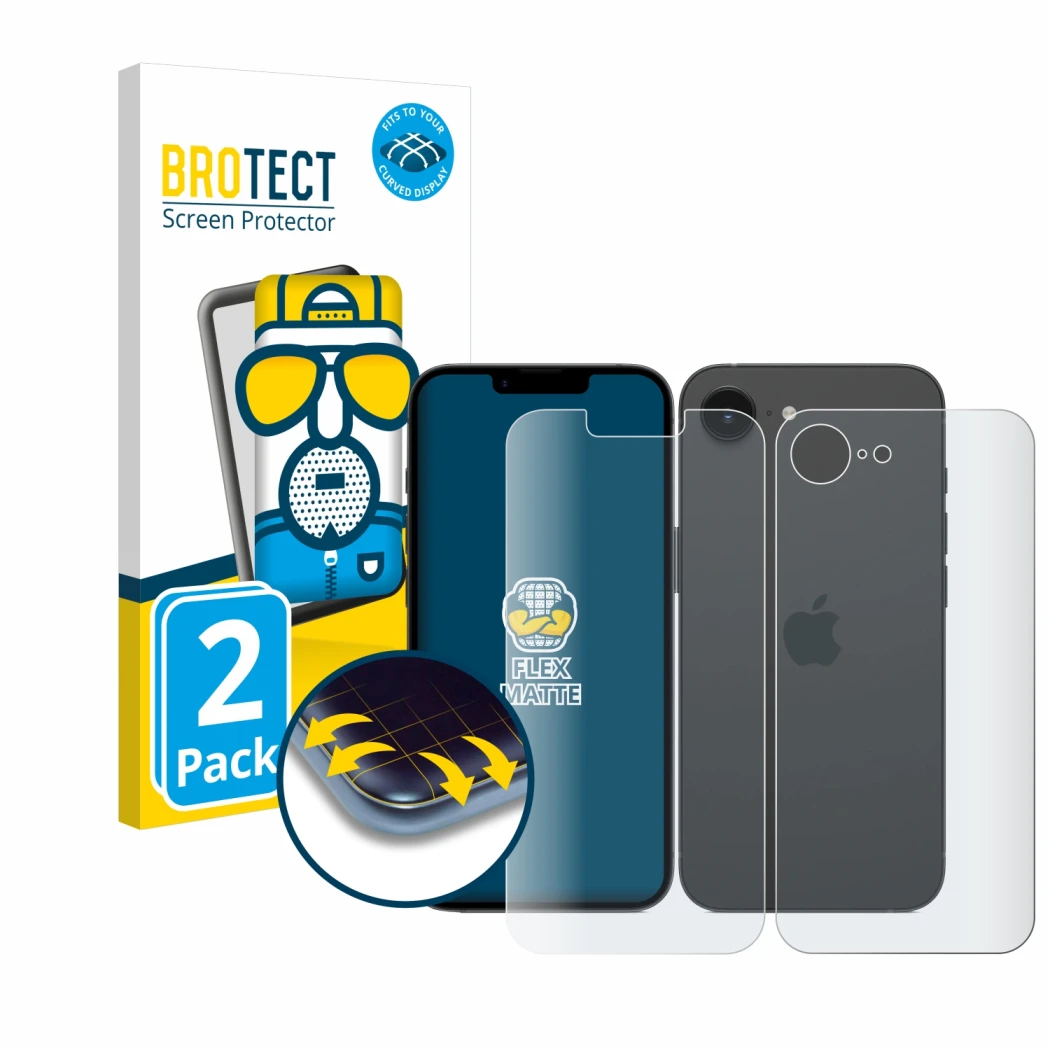 Vorderseite einer Produktverpackung mit dem Markenlogo BROTECT. Daneben ist das Gerät Apple iPhone 16e (Display+Rückseite) mit