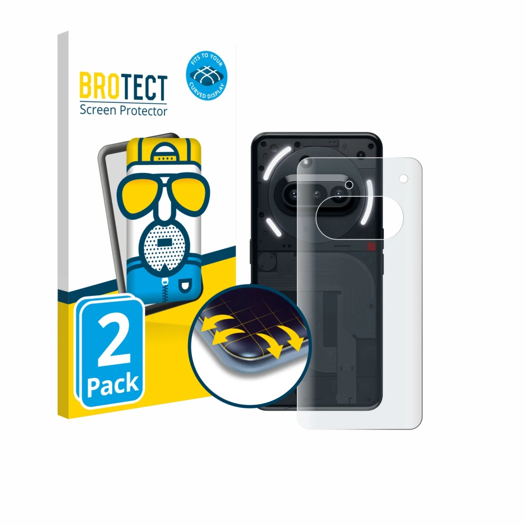 Vorderseite einer Produktverpackung mit dem Markenlogo BROTECT. Daneben ist das Gerät Nothing Phone (3a) (Rückseite) mit dem z