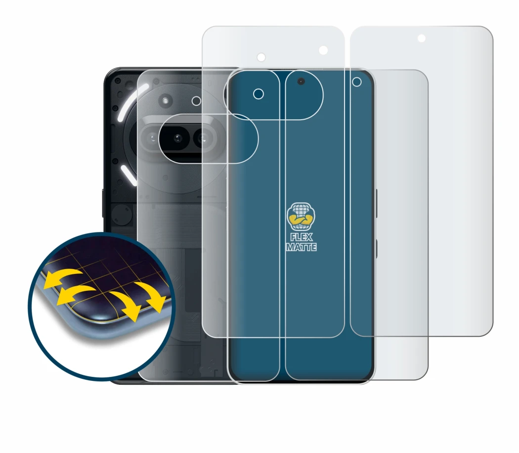 Abbildung des Geräts Nothing Phone (3a) (Display+Rückseite) mit einer Vielzahl des Displayschutzes.