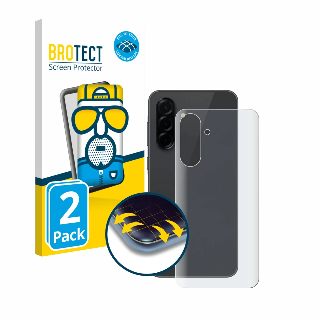 Vorderseite einer Produktverpackung mit dem Markenlogo BROTECT. Daneben ist das Gerät Samsung Galaxy A36 5G (Rückseite) mit de