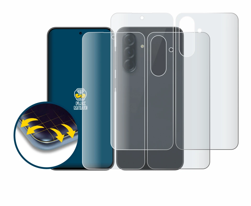 Abbildung des Geräts Samsung Galaxy A36 5G (Display+Rückseite) mit einer Vielzahl des Displayschutzes.