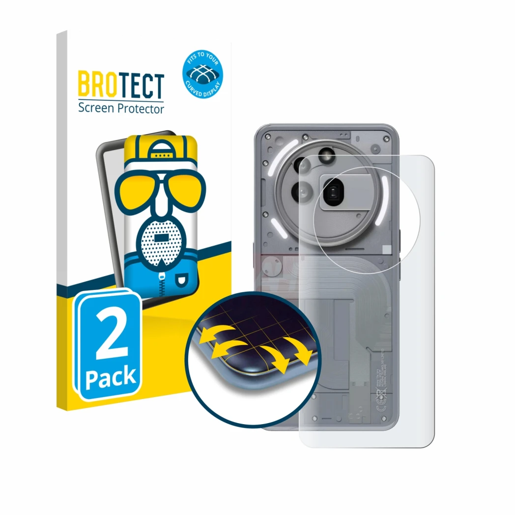 Vorderseite einer Produktverpackung mit dem Markenlogo BROTECT. Daneben ist das Gerät Nothing Phone (3a) Pro (Rückseite) mit d
