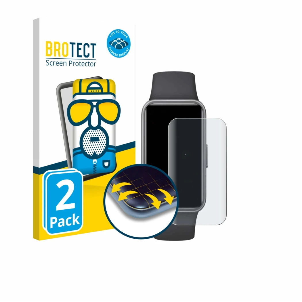 Vorderseite einer Produktverpackung mit dem Markenlogo BROTECT. Daneben ist das Gerät Huawei Band 10 mit dem zugehörigen Displ