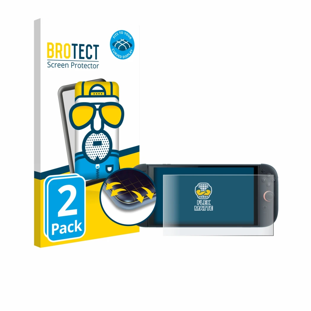 Vorderseite einer Produktverpackung mit dem Markenlogo BROTECT. Daneben ist das Gerät Nintendo Switch 2 mit dem zugehörigen Di