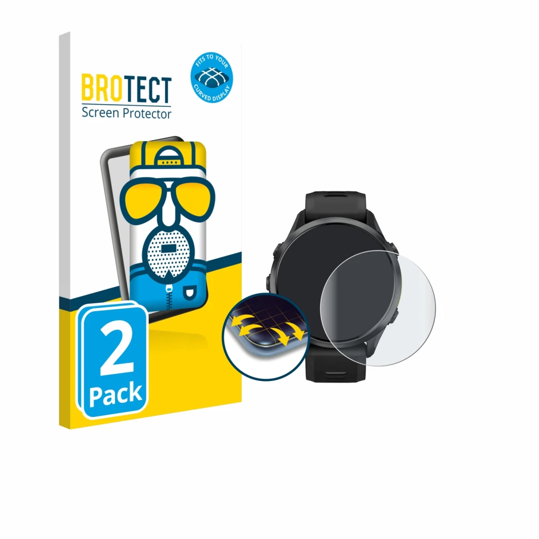 Vorderseite einer Produktverpackung mit dem Markenlogo BROTECT. Daneben ist das Gerät Garmin Forerunner 970 mit dem zugehörige