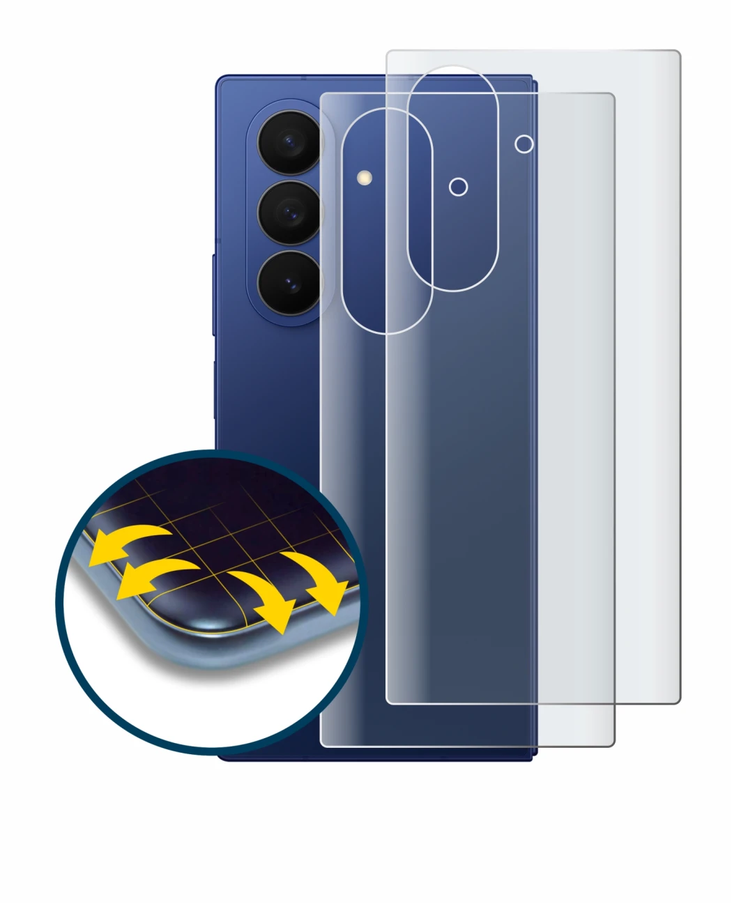 Abbildung des Geräts Samsung Galaxy Z Fold 7 (Rückseite) mit einer Vielzahl des Displayschutzes.