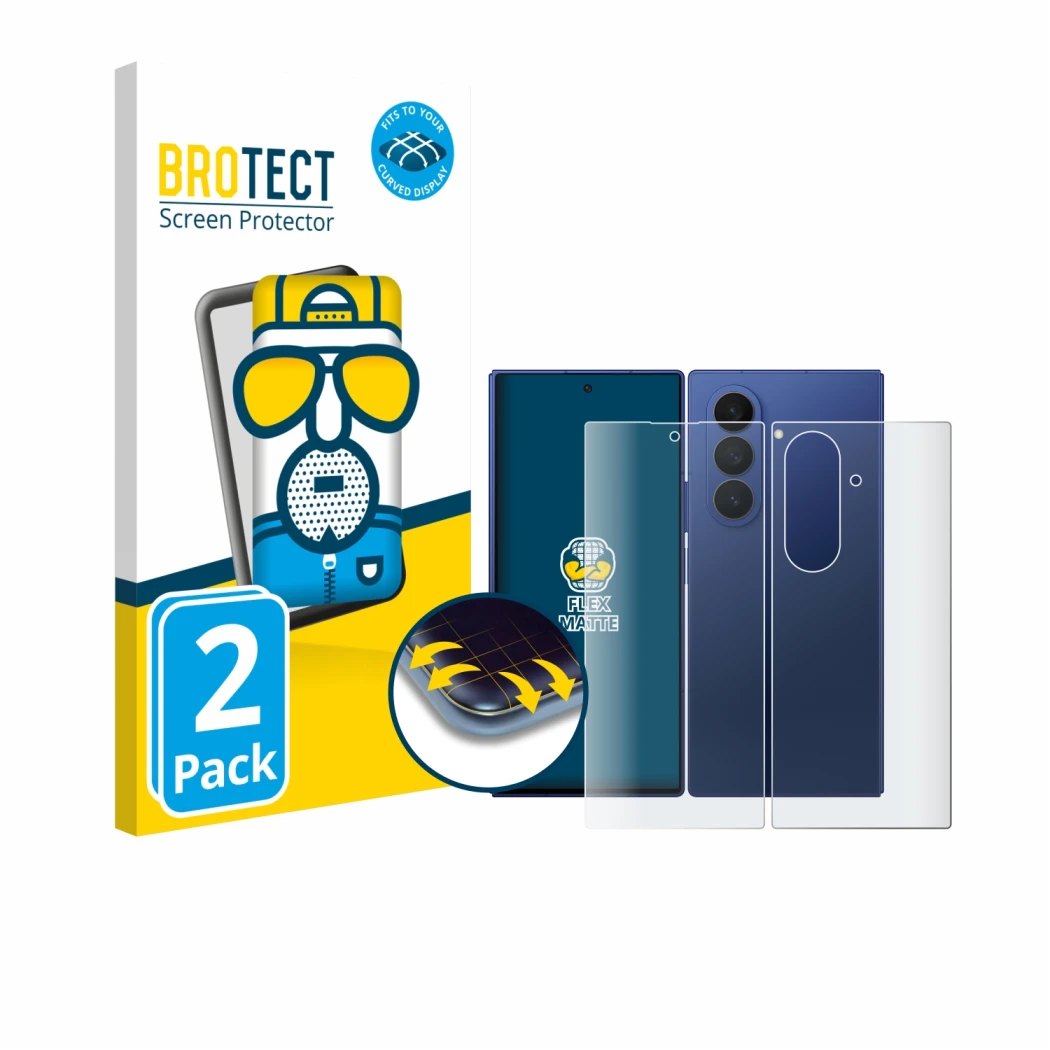 Vorderseite einer Produktverpackung mit dem Markenlogo BROTECT. Daneben ist das Gerät Samsung Galaxy Z Fold 7 (Display+Rücksei