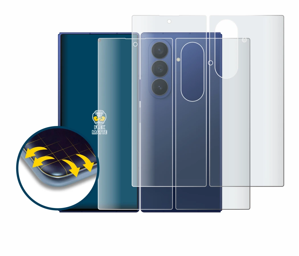 Abbildung des Geräts Samsung Galaxy Z Fold 7 (Display+Rückseite) mit einer Vielzahl des Displayschutzes.