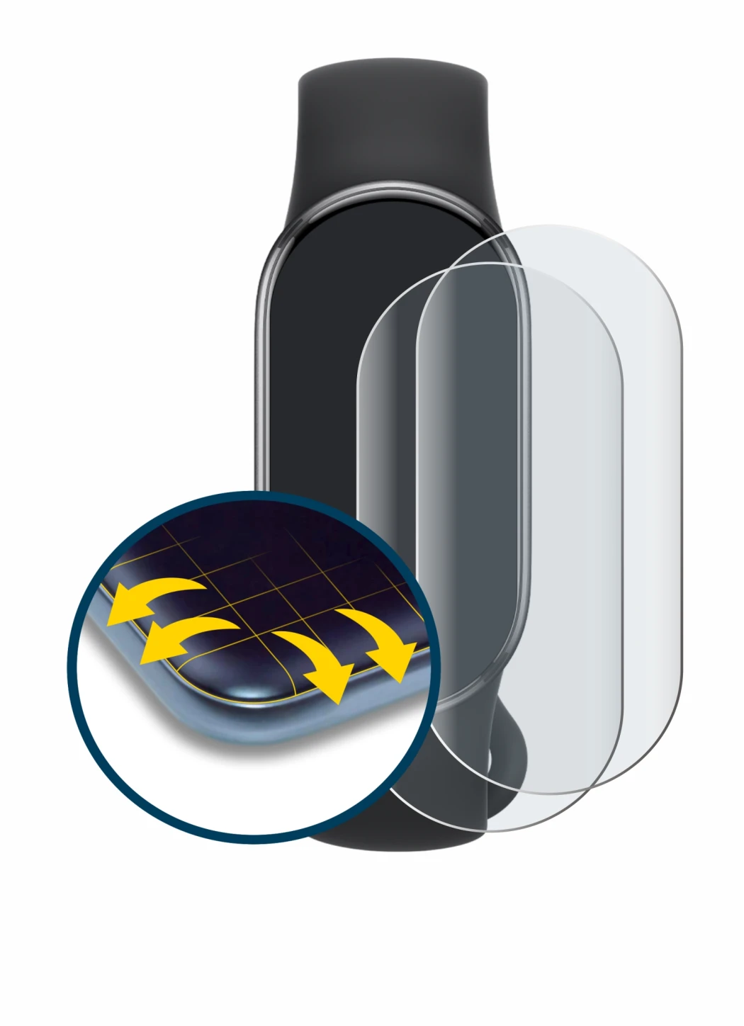 Abbildung des Geräts Xiaomi Smart Band 10 mit einer Vielzahl des Displayschutzes.