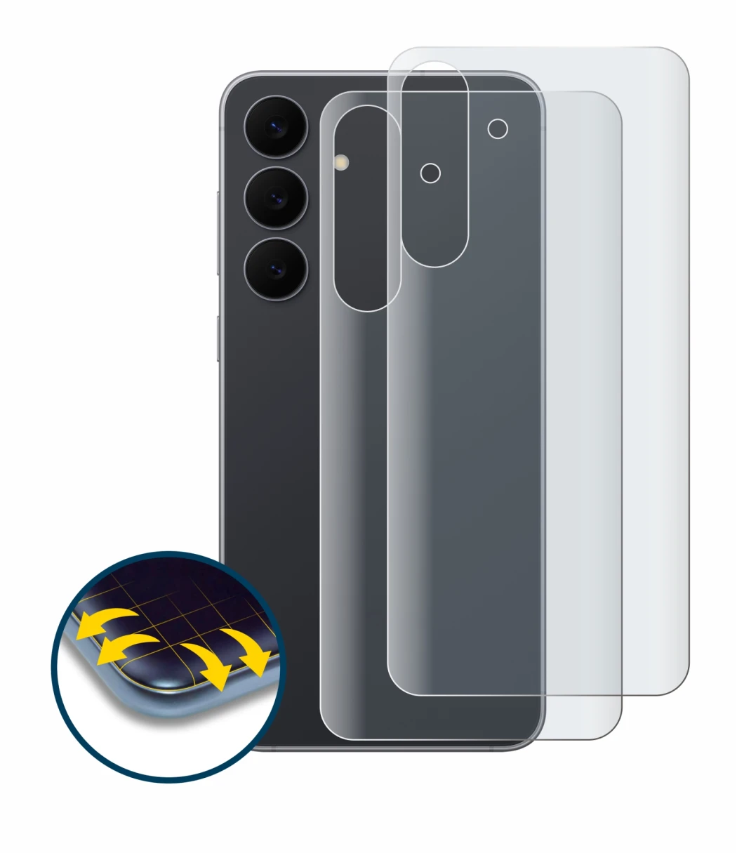 Abbildung des Geräts Samsung Galaxy S25 FE (Rückseite) mit einer Vielzahl des Displayschutzes.
