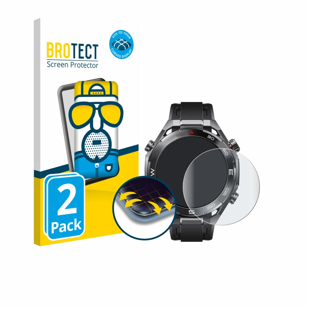 Vorderseite einer Produktverpackung mit dem Markenlogo BROTECT. Daneben ist das Gerät Huawei Watch Ultimate 2 Black mit dem zu