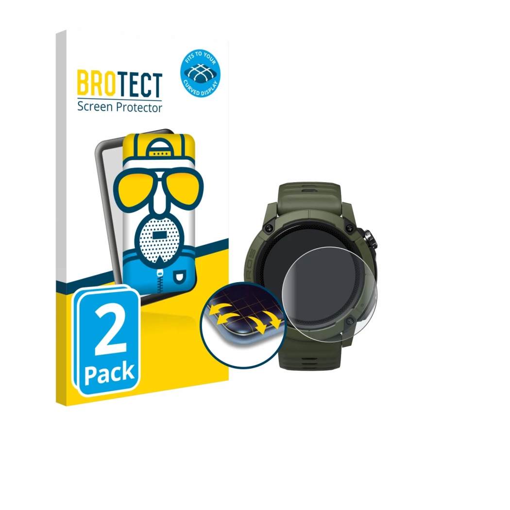 Vorderseite einer Produktverpackung mit dem Markenlogo BROTECT. Daneben ist das Gerät Coros NOMAD mit dem zugehörigen Displays