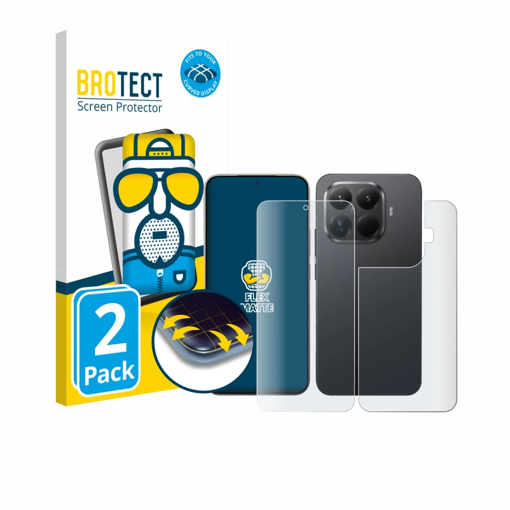 Vorderseite einer Produktverpackung mit dem Markenlogo BROTECT. Daneben ist das Gerät Xiaomi 15T Pro (Display+Rückseite) mit d