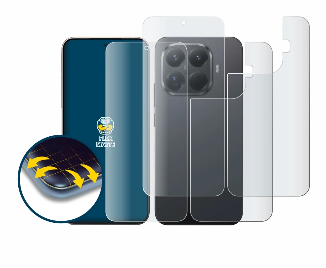 Abbildung des Geräts Xiaomi 15T Pro (Display+Rückseite) mit einer Vielzahl des Displayschutzes.