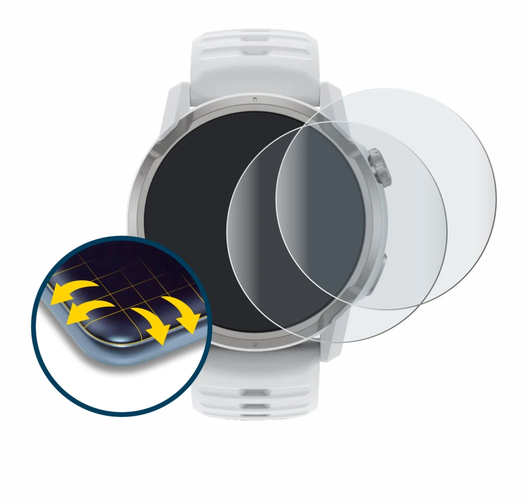 Abbildung des Geräts Coros Apex 4 (46 mm) mit einer Vielzahl des Displayschutzes.