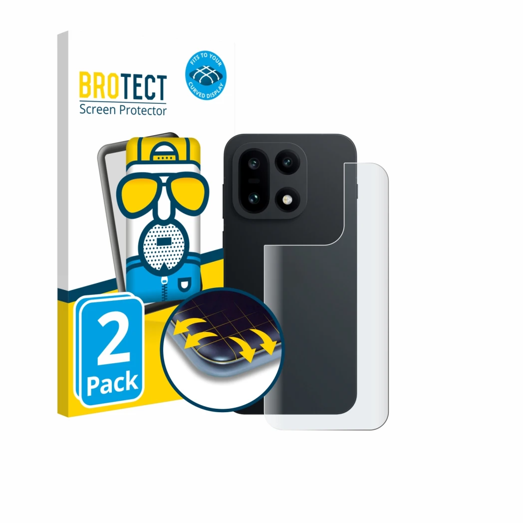 Vorderseite einer Produktverpackung mit dem Markenlogo BROTECT. Daneben ist das Gerät OnePlus 15 (Rückseite) mit dem zugehörig